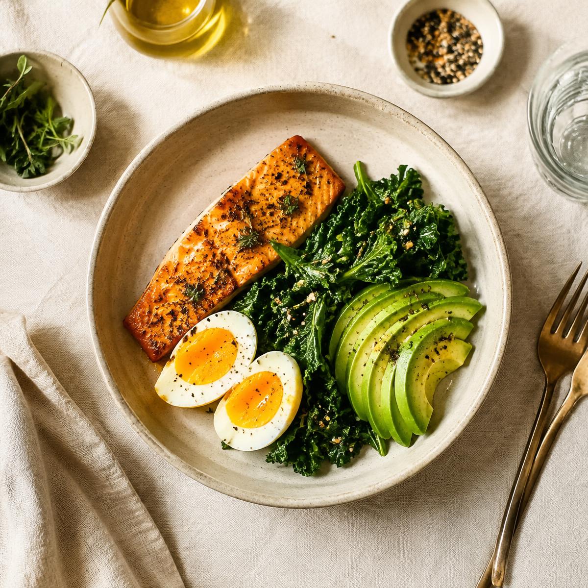 Whole-food meal with salmon, eggs, greens and avocado